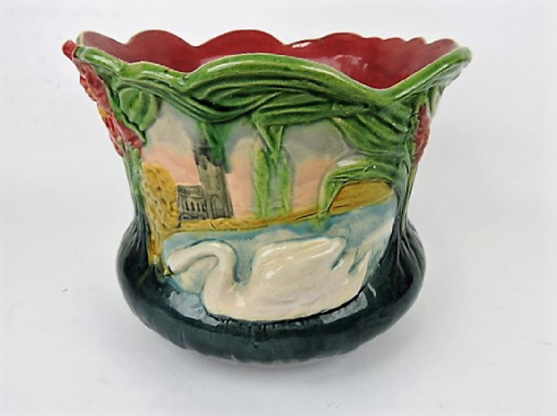 Majolica jardiniere with swan, 10" d: .