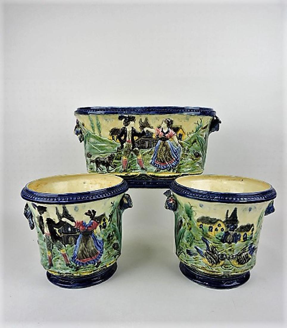 Majolica 3 pc jardiniere set with birds and people (1 of 1)