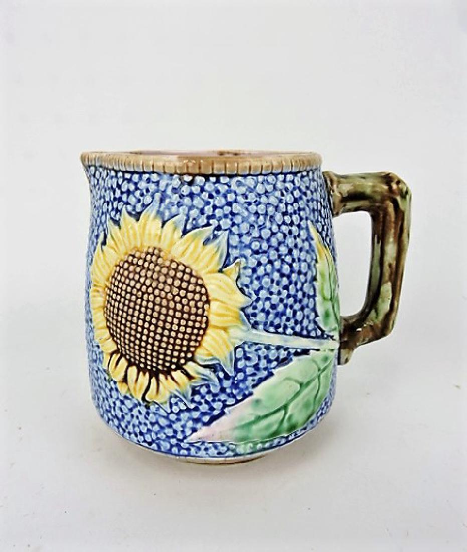 Etruscan majolica cobalt sunflower pitcher, 5",: professional rim repair