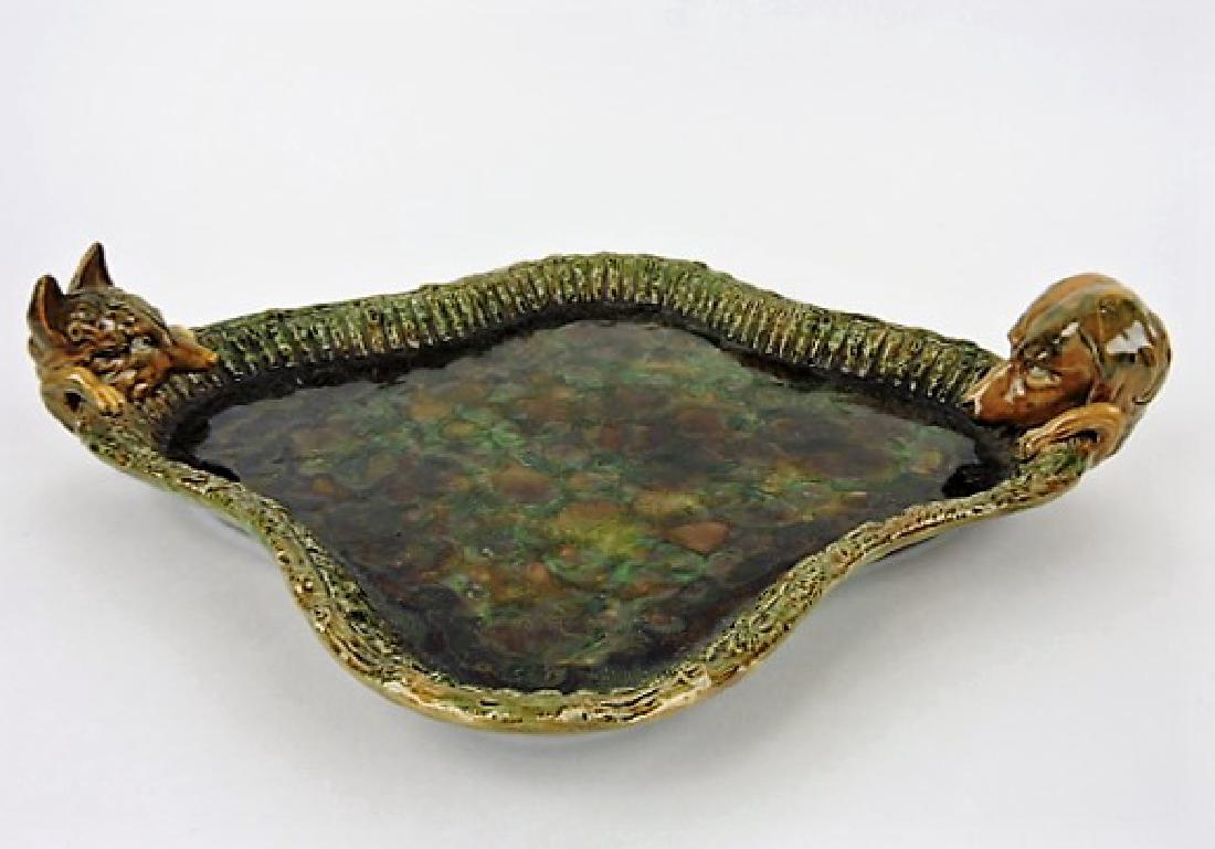 George Jones majolica fox and hound tray 15",: restoration