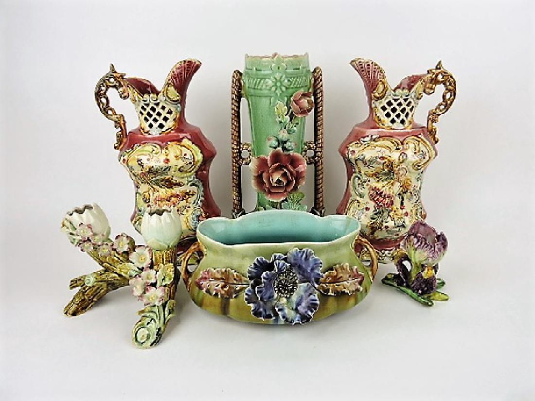 Majolica lot of 6 vases, various condition: .
