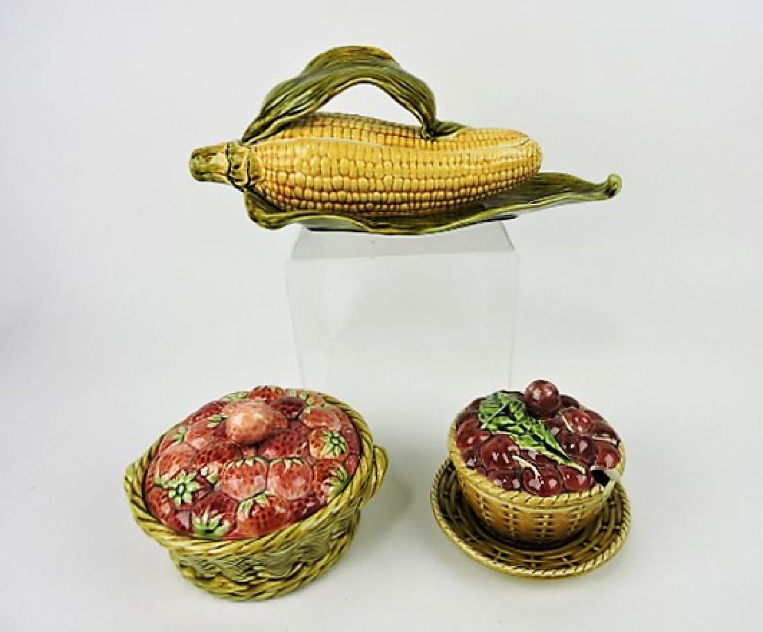 Sarreguemines majolica lot of 3 covered pcs - corn: tureen, strawberry tureen, and cherry tureen, various condition