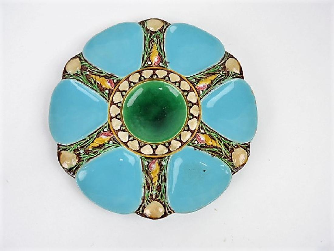 Minton majolica turquoise 6 well oyster plate 9",: rim wear