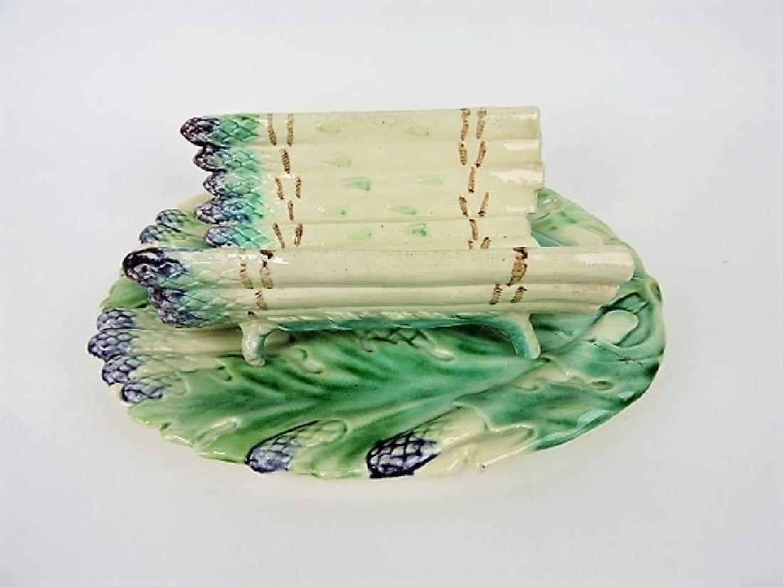 French majolica asparagus cradle (repair) and: tray (cracked)