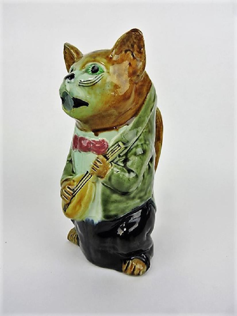 French majolica figural pitcher, cat with mandolin (1 of 1)