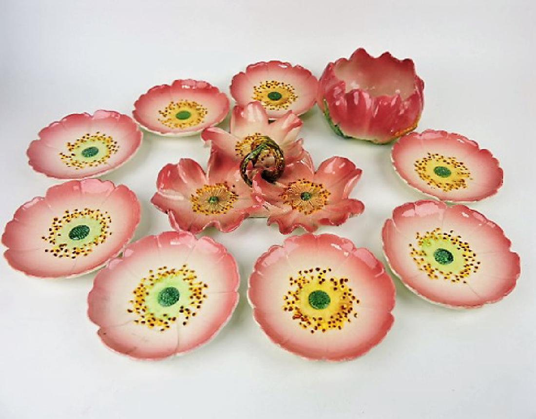 Delphin Massier 10 pc dessert set with three: lobed tray, 7" bowl, and 8 - 6 1/2" plates, various condition