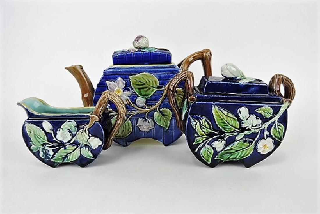 Majolica cobalt flat sided floral 3 pc tea set (1 of 1)