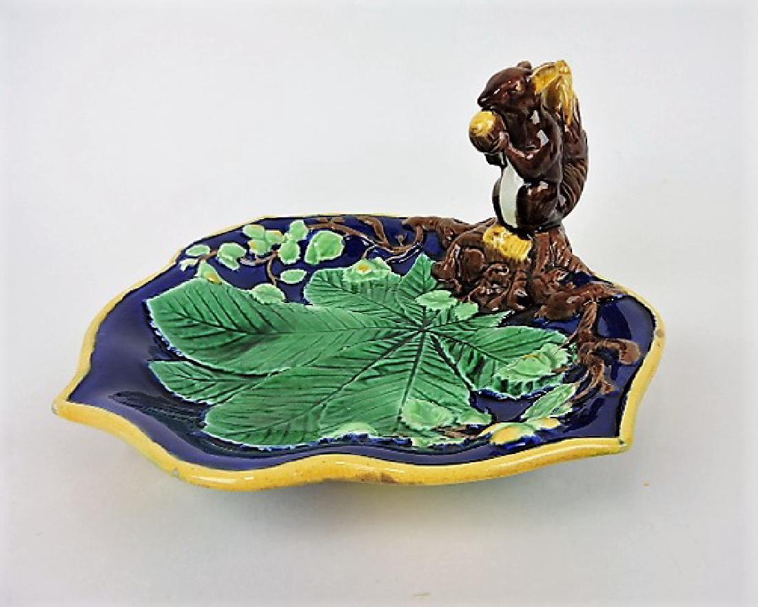 Majolica squirrel with nut tray 10" (1 of 1)