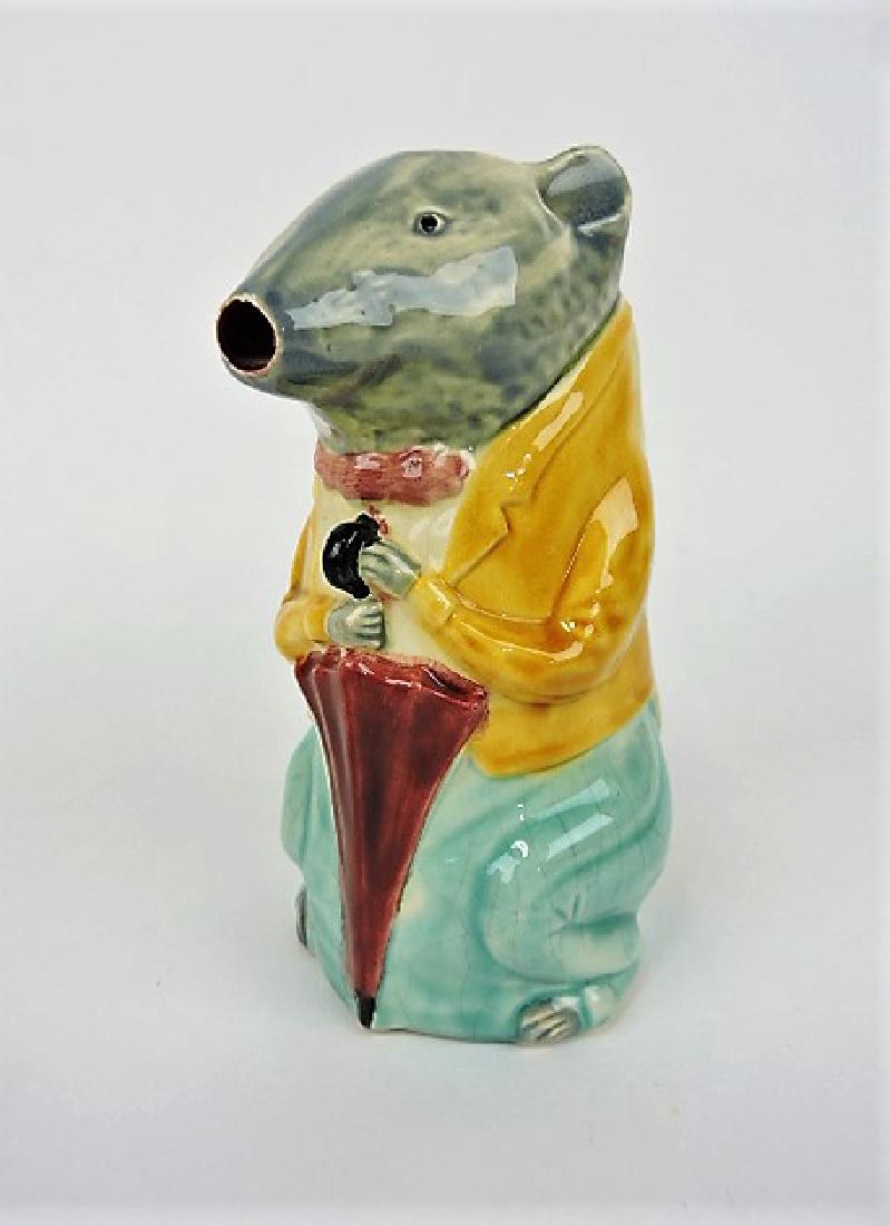 Majolica rat with umbrella figural pitcher 8": .