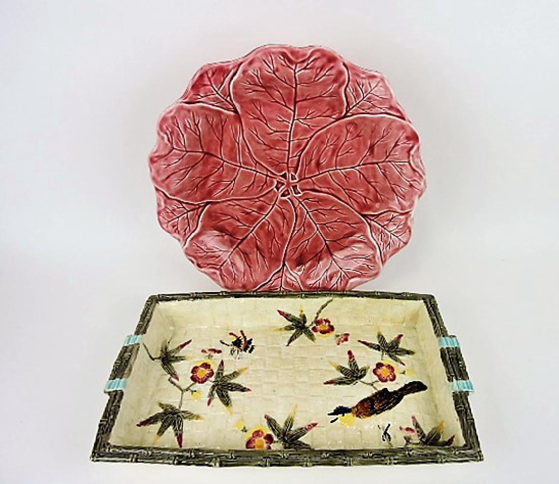 Minton pink majolica charger and Fielding bird: tray, various condition