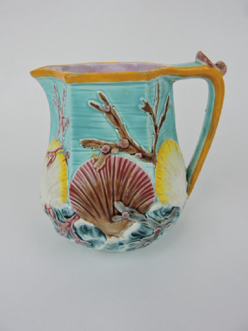 Wedgewood majolica turquoise ocean jug, minor: hairline and rim repair, 5 1/2"