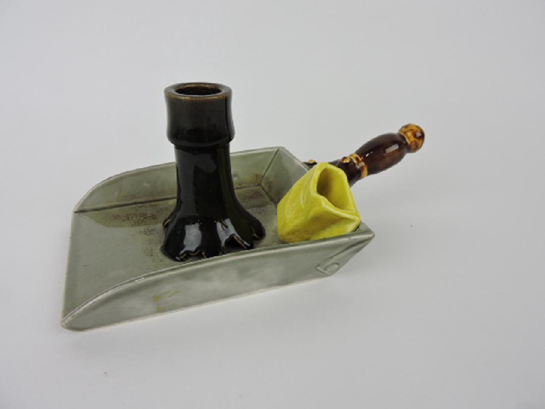 Sarreguemines rare majolica chamber candle holder: in form of dust pan, #2174, 9"l, 4"h