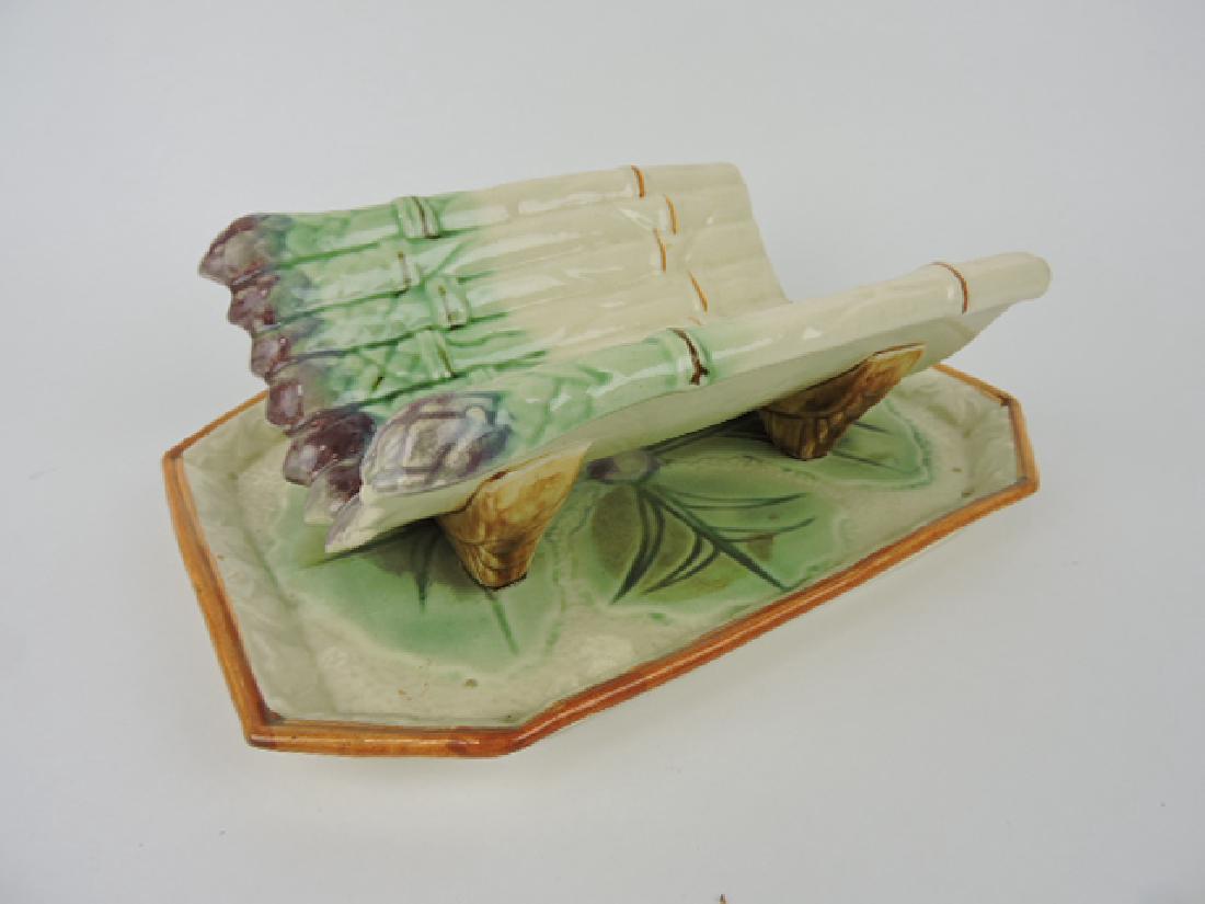 French majolica asparagus cradle on stand, 11": .