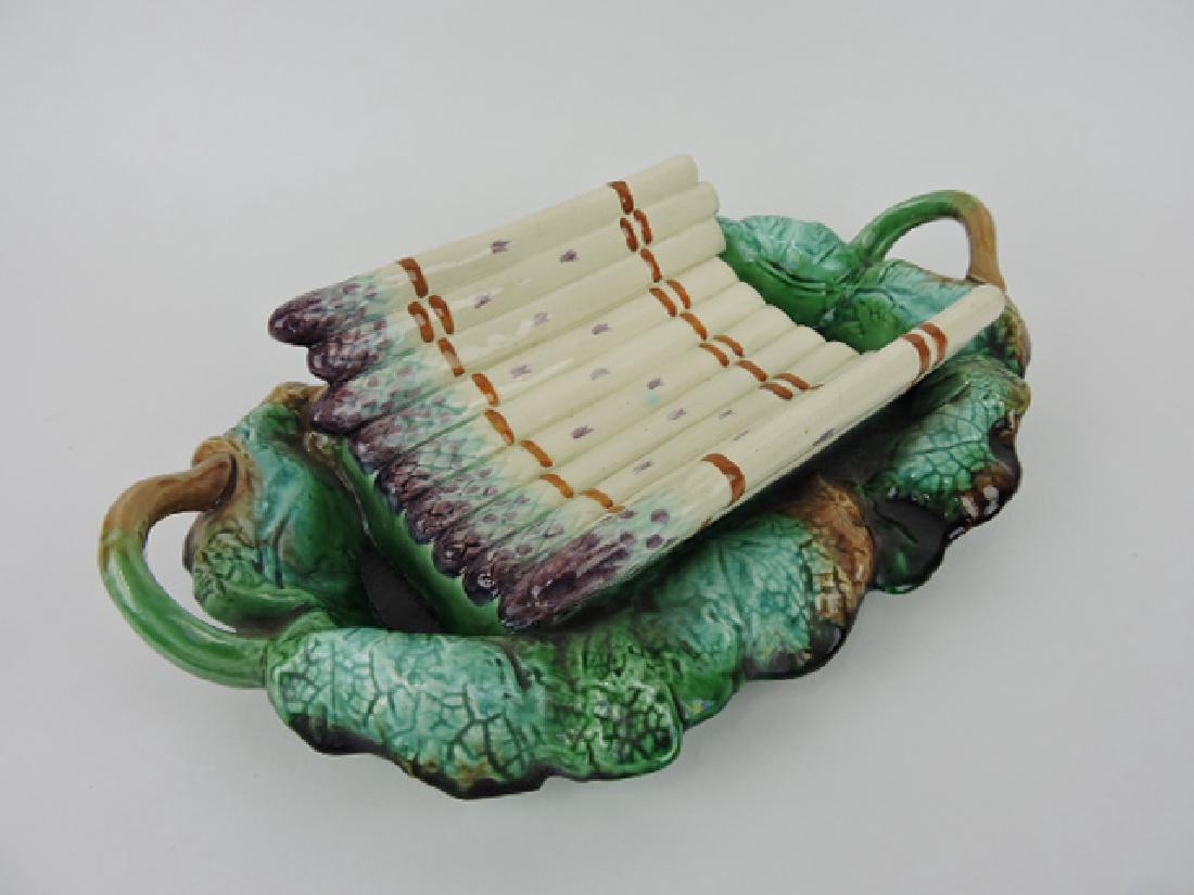 French majolica asparagus cradle on leaf tray, 15": .