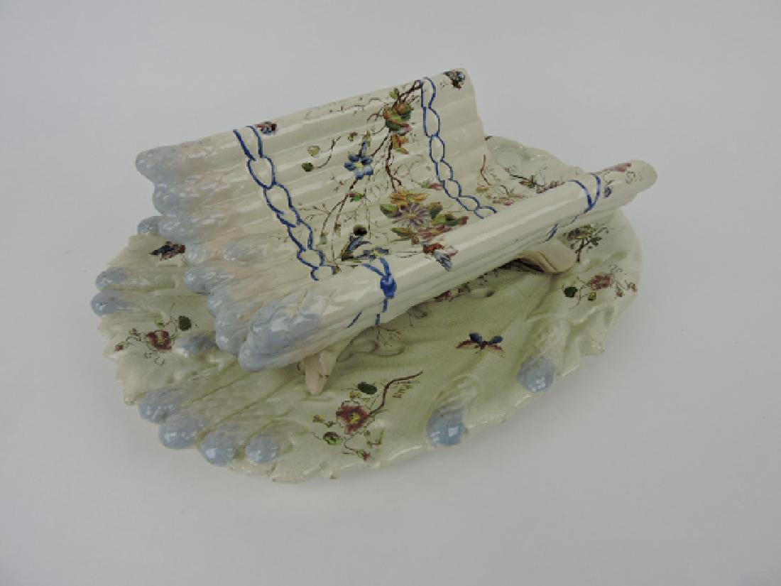French majolica asparagus cradle and tray,: floral decor, 14"