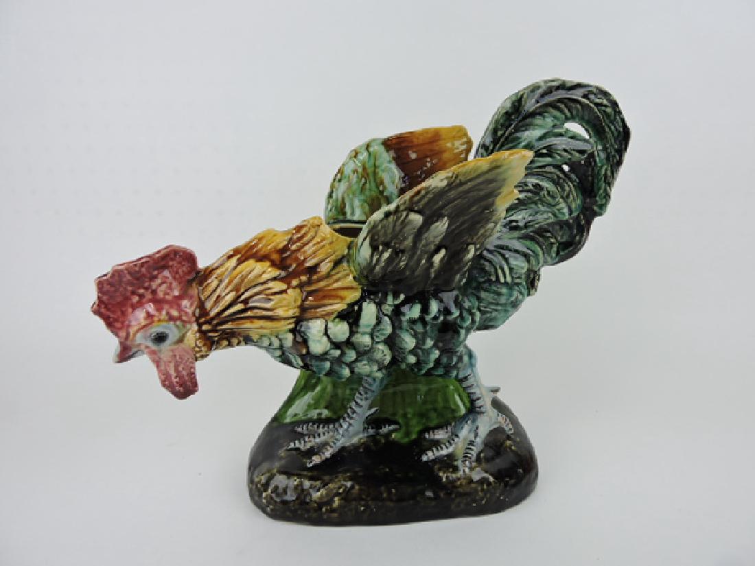 Majolica rooster figural vase, 12"h, 14" w, (1 of 1)