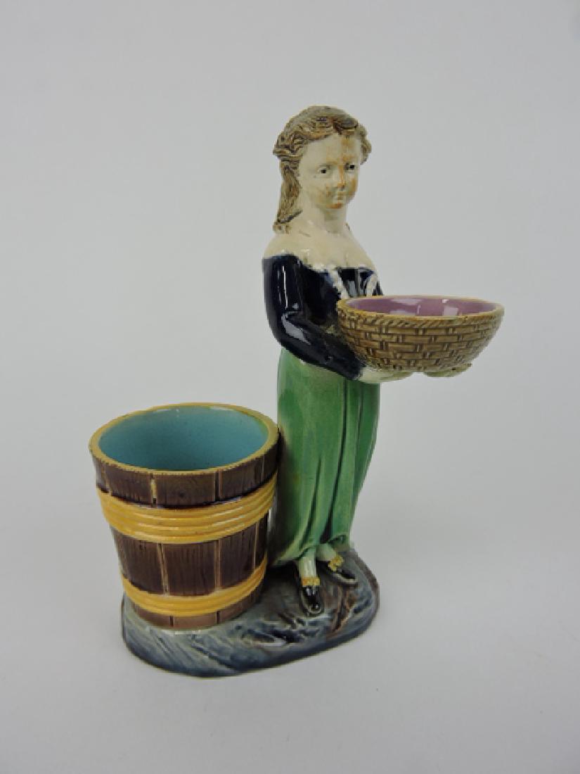 Holdcroft majolica lady figural salt and toothpick: holder, 5 1/2
