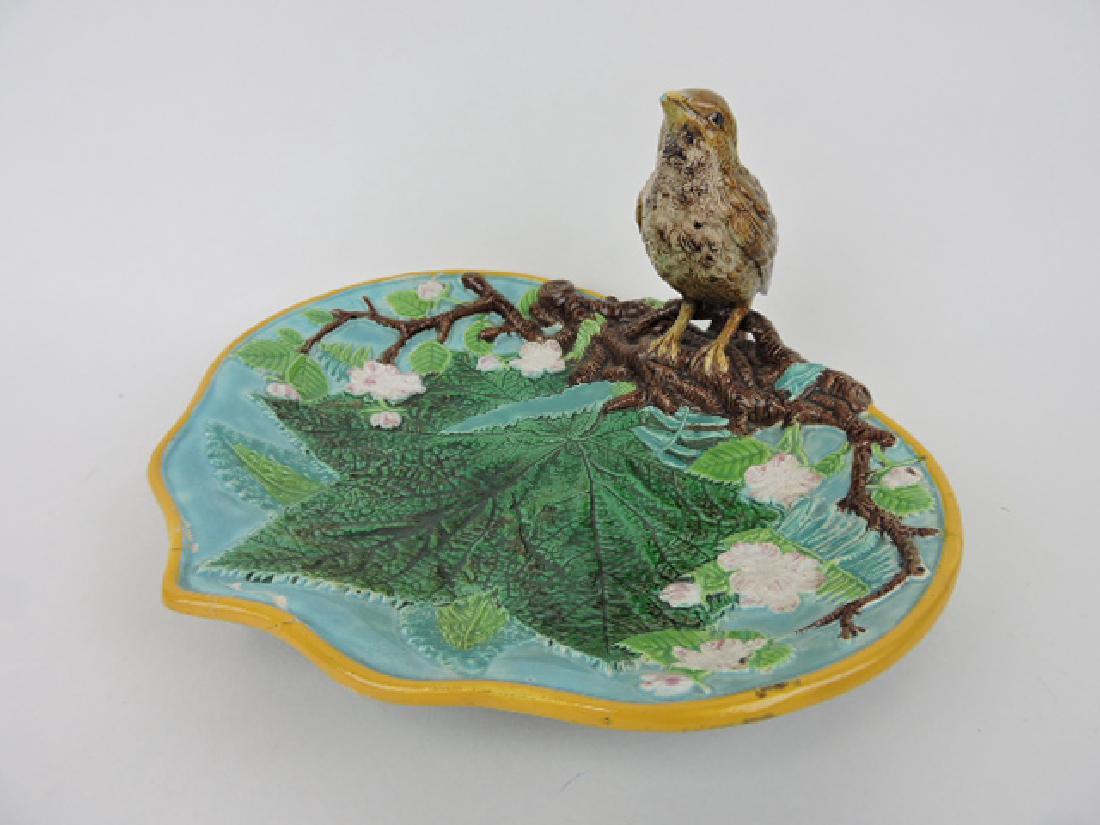 George Jones majolica thrush handled server, (1 of 1)