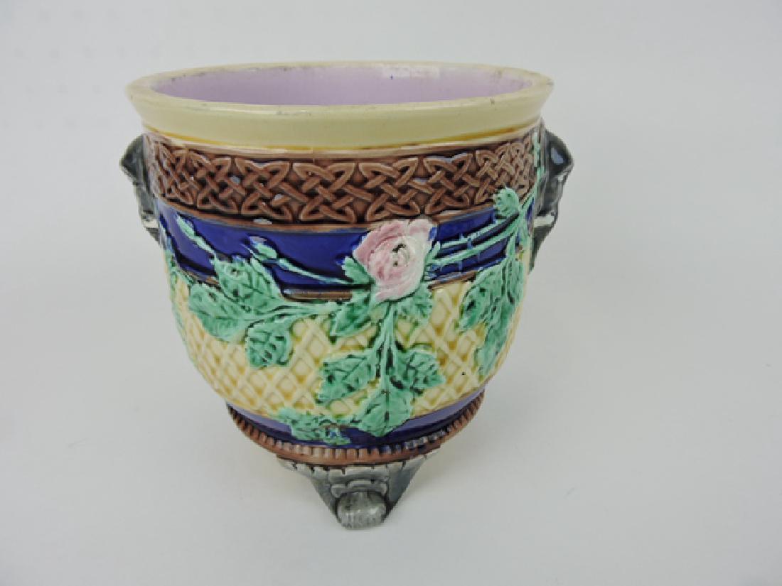 Majolica cobalt lattice and wild rose cachepot (1 of 2)