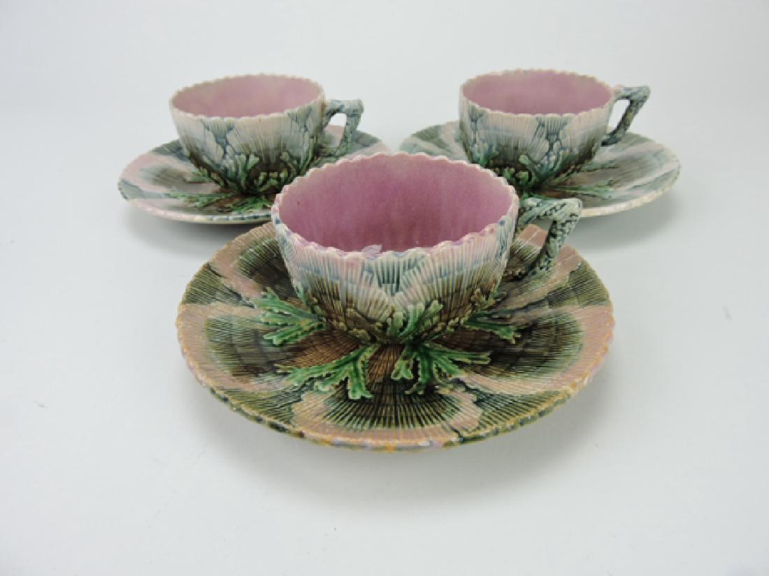 Etruscan majolica shell and seaweed lot of 3 large: cups and sucers, various condition