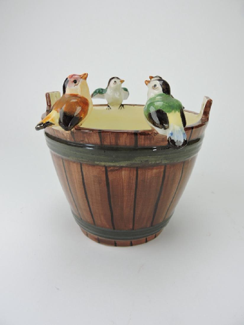 Jerome Massie oaken bucket with 4 birds perched: on rim, 8"