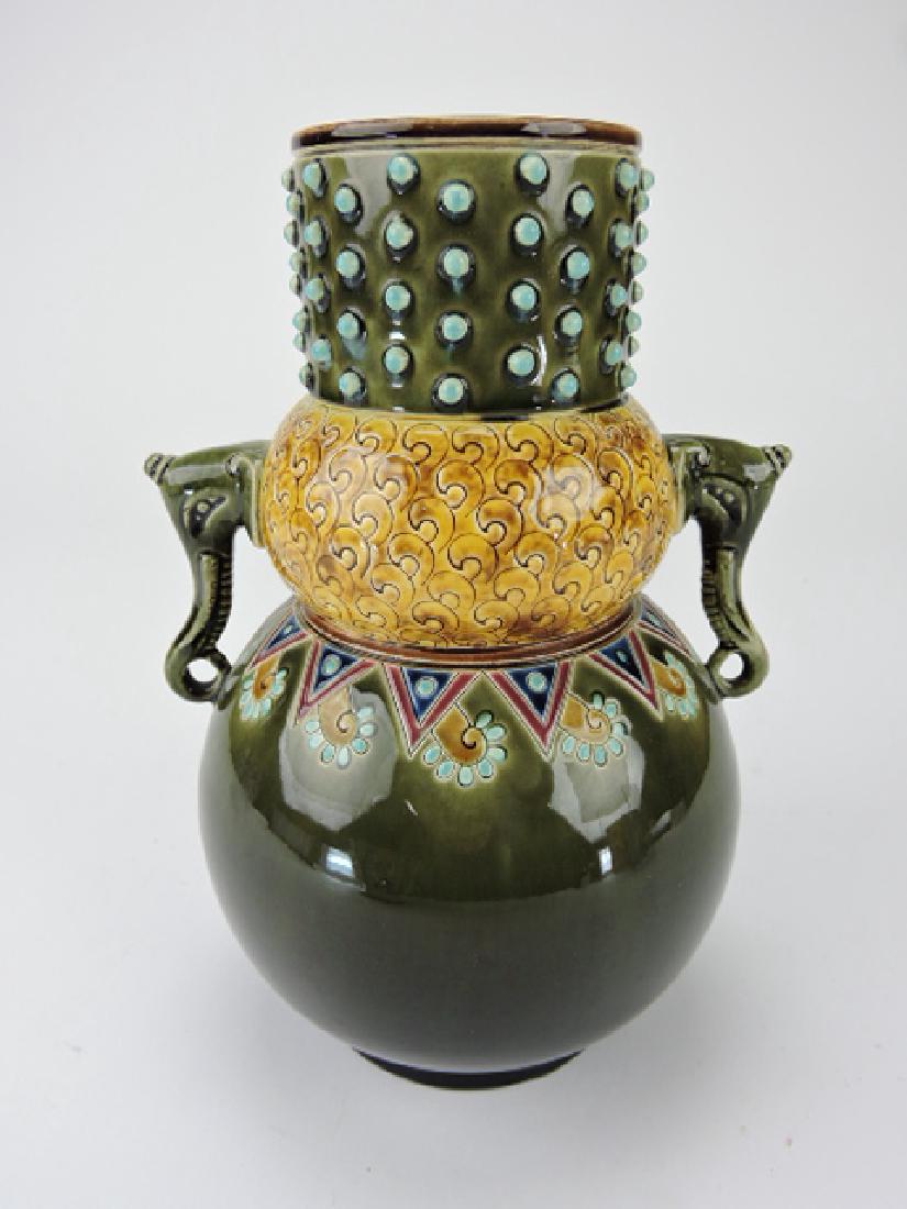 Sarreguemines majolica unusual form vase with: elephant handles, #1364, 8 1/2"