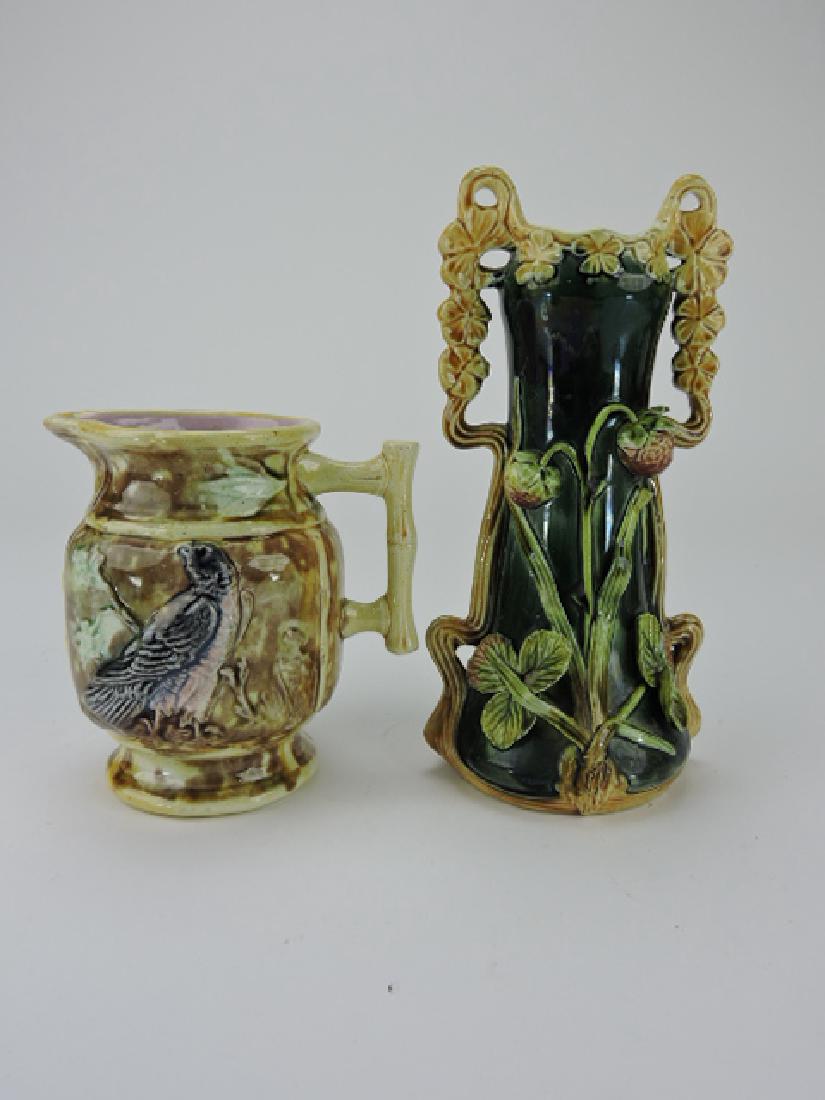 Majolica eagle pitcher, 5 1/4" and strawberry vase (1 of 1)