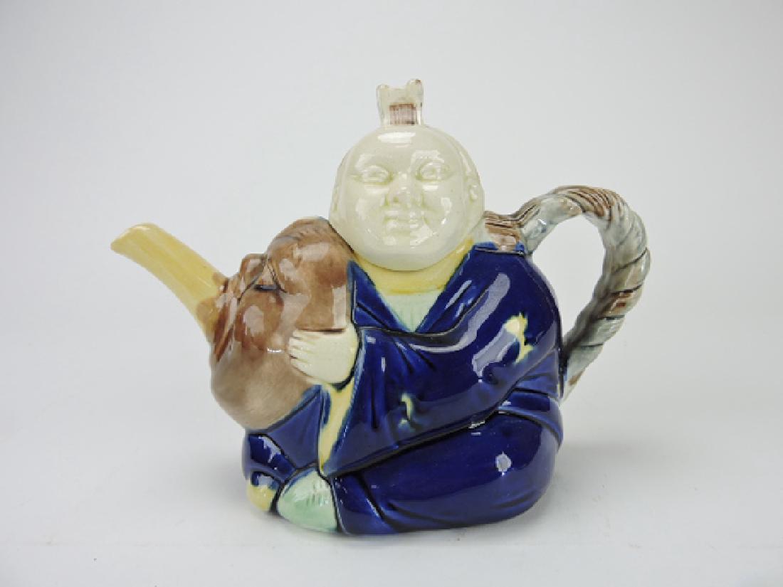 Majolica Chinaman figural teapot, 8 1/2"w,: spout nick