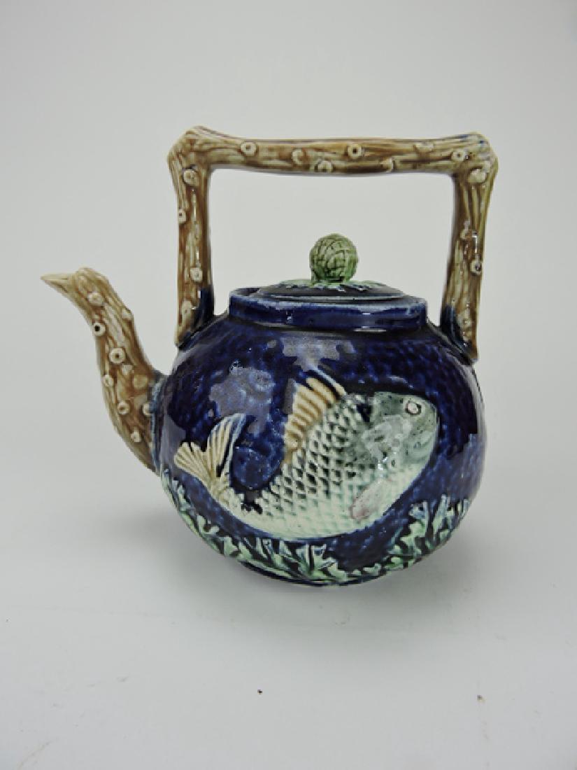 Majolica cobalt tea kettle with fish, 7" (1 of 1)