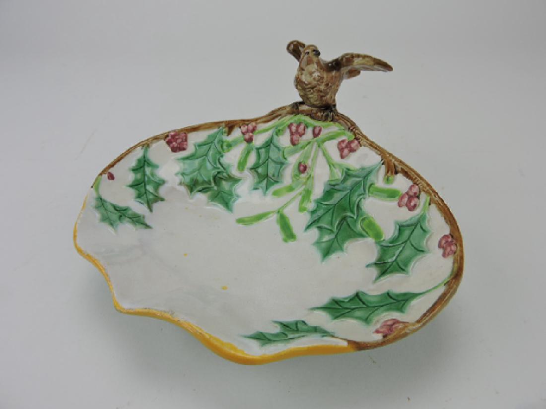 George Jones majolica bird and holly tray,: professional repair to bird's tail