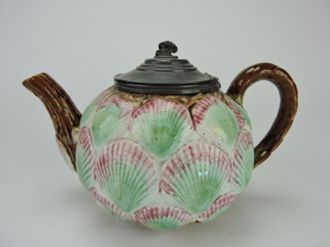 Majolica shells teapot with pewter lid, 5"h: .