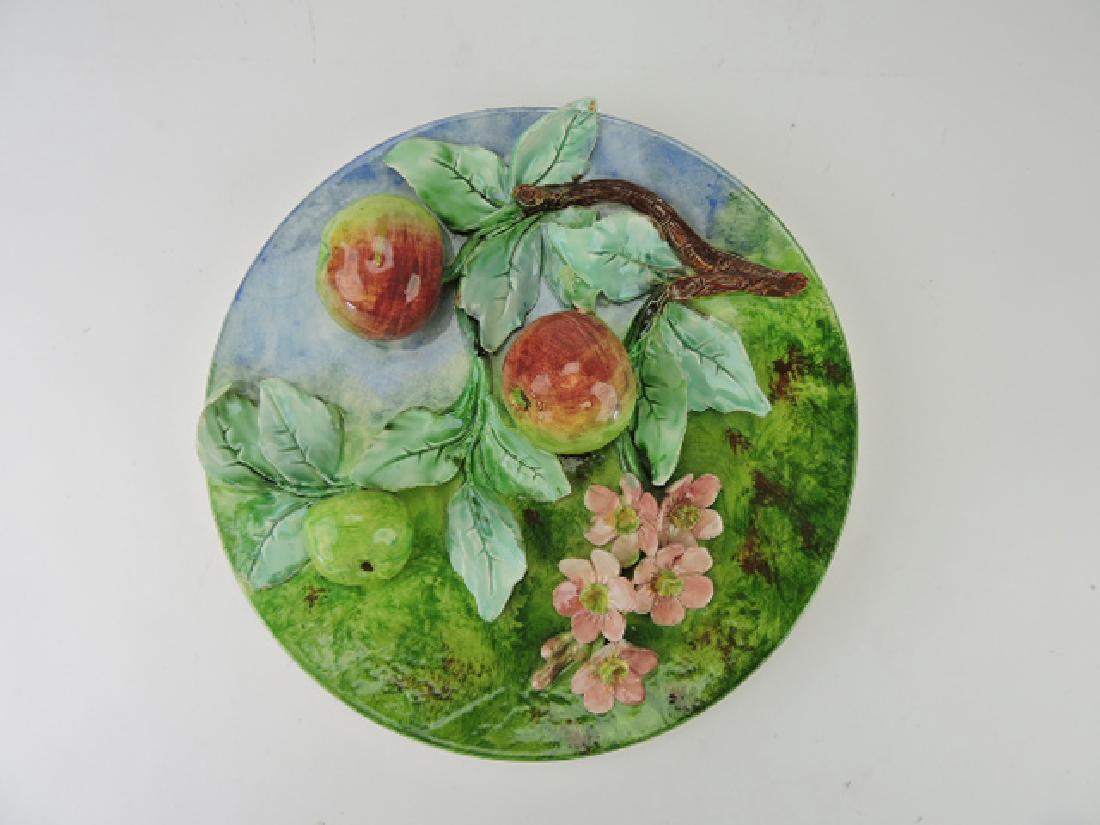 Longchamp French majolica apple well plaque,: 13", minor losses & repairs
