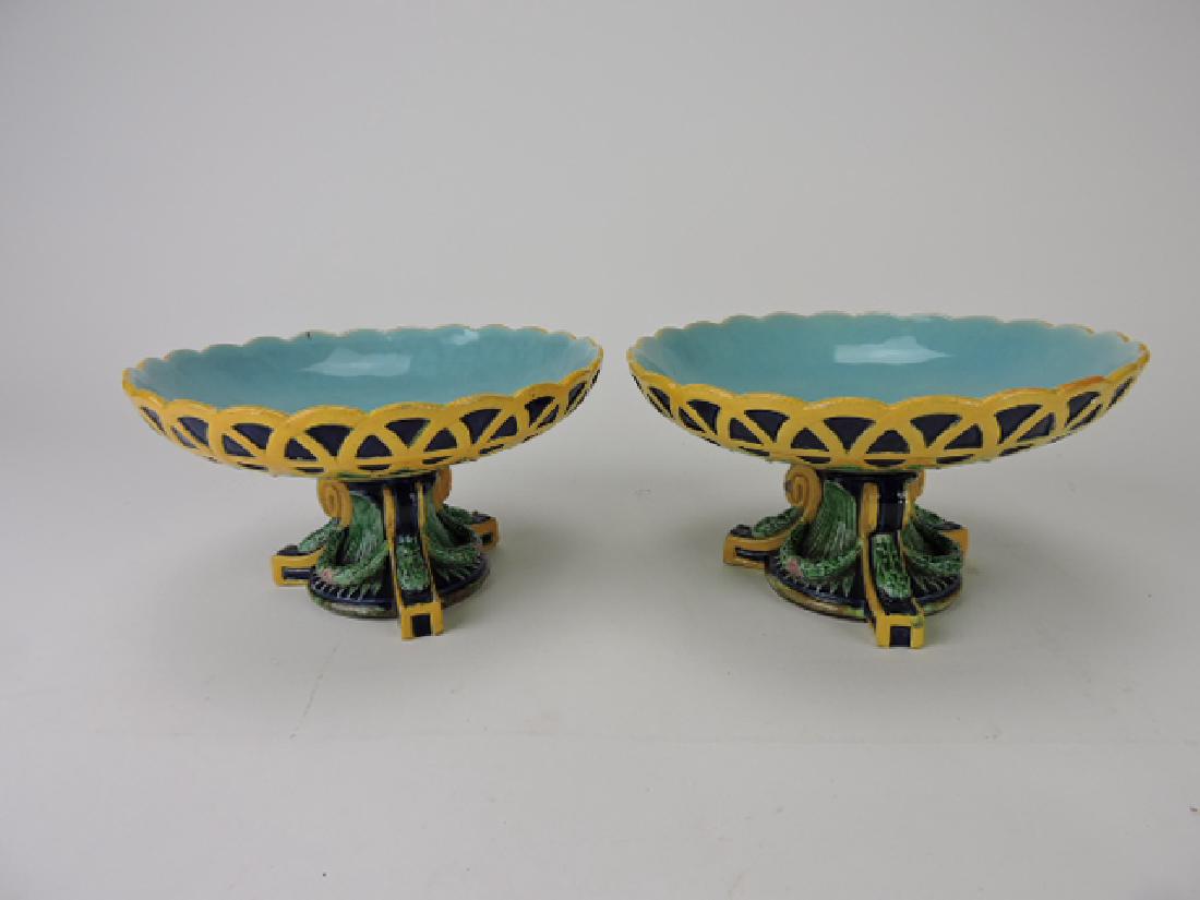 George Jones majolica pair of compotes 7 1/2"d,: 4" h, rim repair
