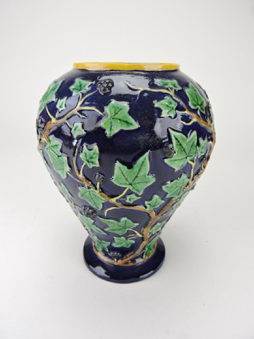 George Jones majolica cobalt ivy vase, 9 1/2",: restorations