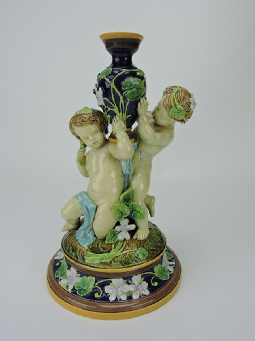 George Jones majolica cherub base made into candle: holder, top restored, 11"