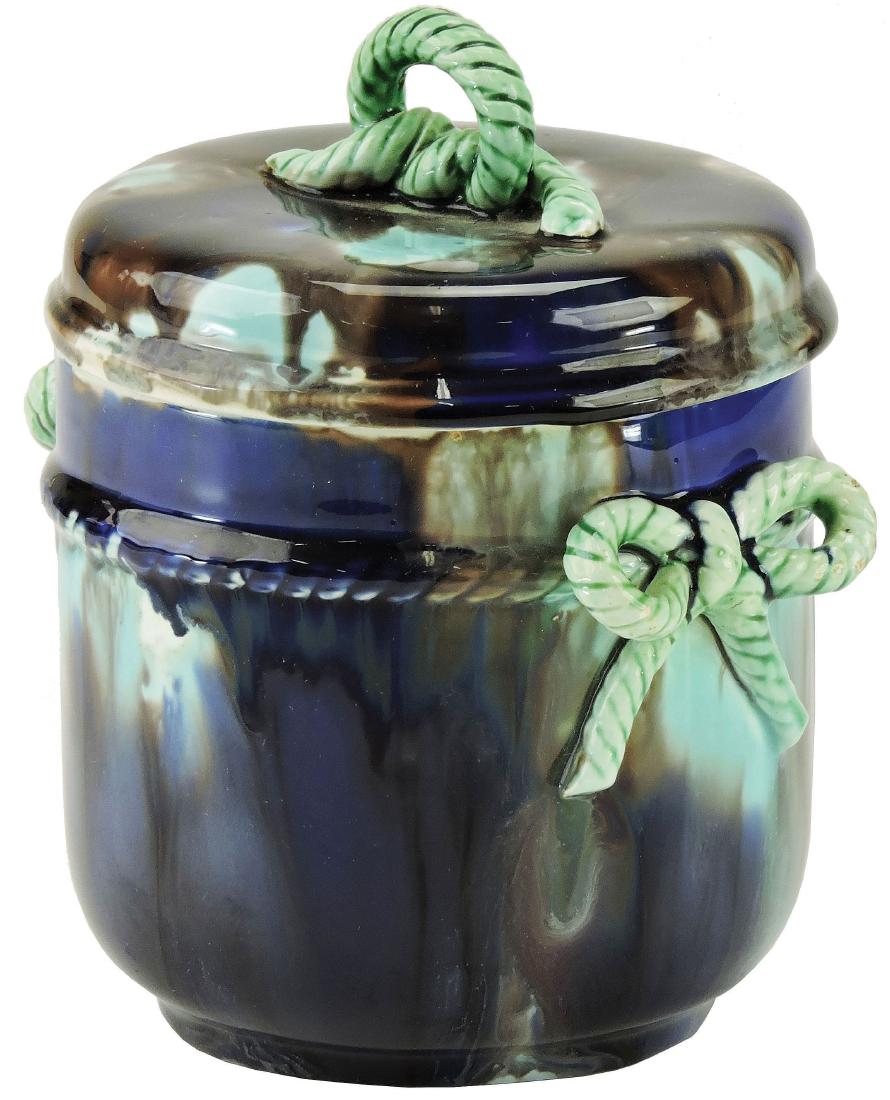 Wedgwood Majolica Humidor c.1875, Mottled: turquoise and cobalt blue body with celadon rope forming the handle, 5 ½" Curated and catalogued by Nicolaus Boston