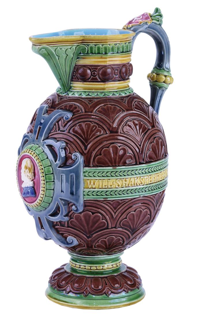 Minton Majolica Commemorative "Shakespeare"™ Jug: c.1865, Celebrating the 300th anniversary of William Shakespeare"™s birth, 11". Curated and catalogued by Nicolaus Boston