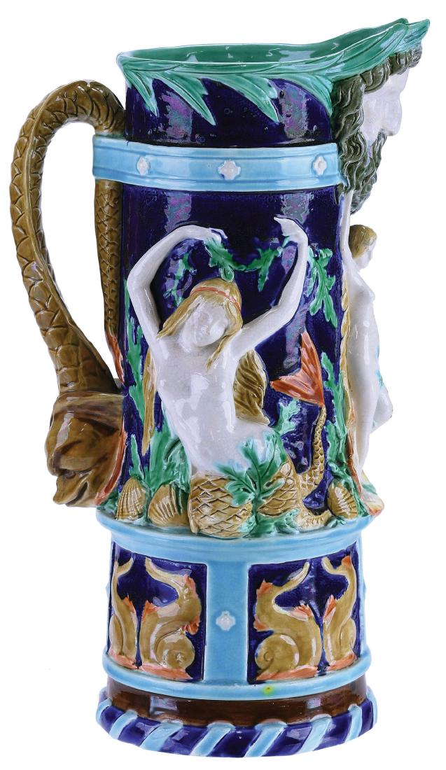 Very Rare Royal Worcester Renaissance Revival: Mermaid Pitcher c.1875 Straight sided cobalt body, panel of mermaid ands shells above stylised dolphins, Neptune mask spout, dolphin forming the handle, 10" Curated and catalogued by Nicolaus Boston