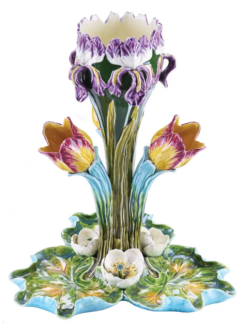 Onnaing Majolica Art Nouveau Tulips & Iris: Centrepiece c.1890, modeled as a central green flower holder topped with purple Iris, three angled tulip vases lower down, all upon three lily pad dishes forming the base, 17 1/2" Curated and catalo