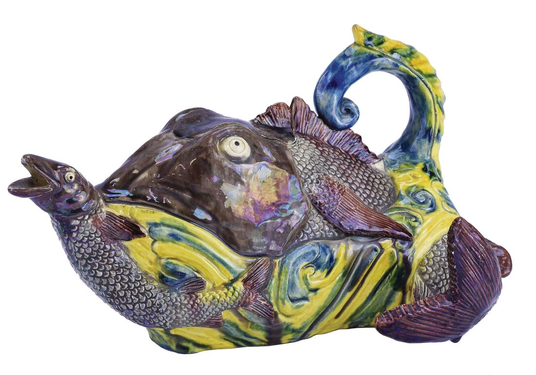 Rare Portuguese Majolica Fish Teapot & Cover (1 of 1)