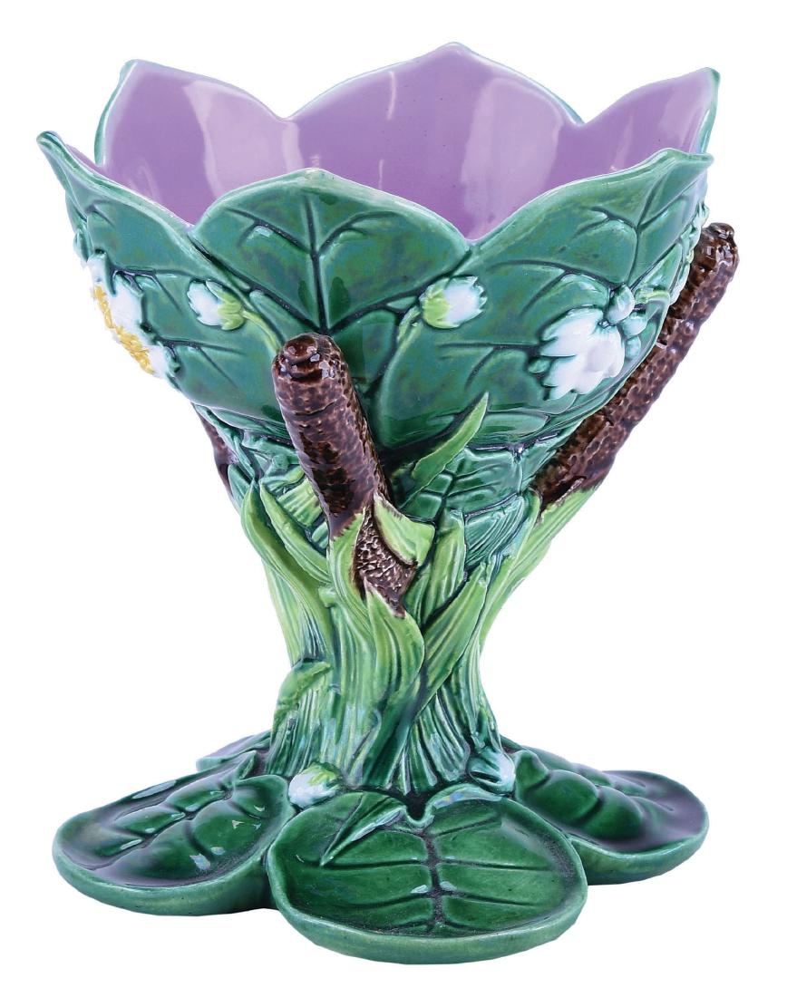 Rare George Jones Majolica Lily & Cattail Posy: Vase c.1875, modeled as a green lily pads forming a bowl with pink interior, supported by a cattail pedestal, all upon four lily pad feet, 5 3/4". Curated and catalogued by Nicolaus Boston