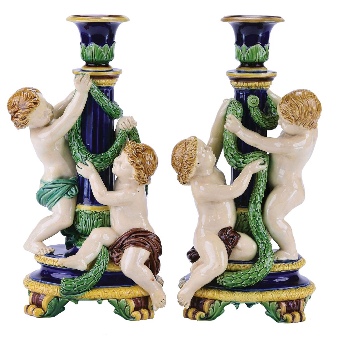 Rare Pair of Minton Majolica Putto Candlesticks (1 of 1)