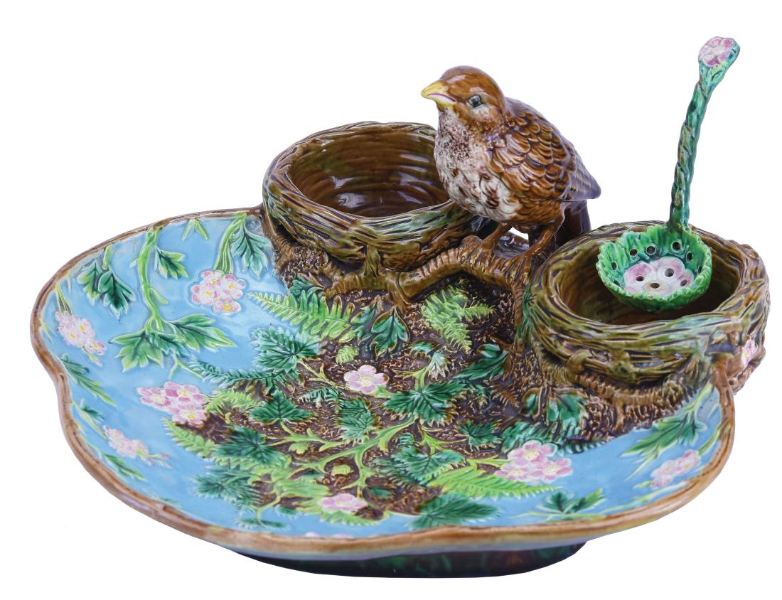 George Jones Majolica Thrush Strawberry Dish and (1 of 1)