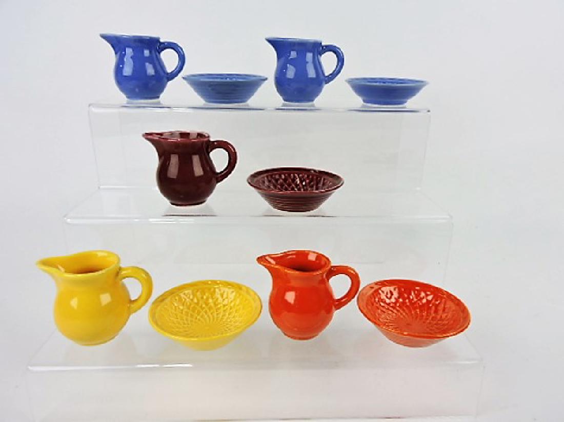 Harlequin individual creamer and nut: cup set group: 2 mauve blue, red, yellow, maroon