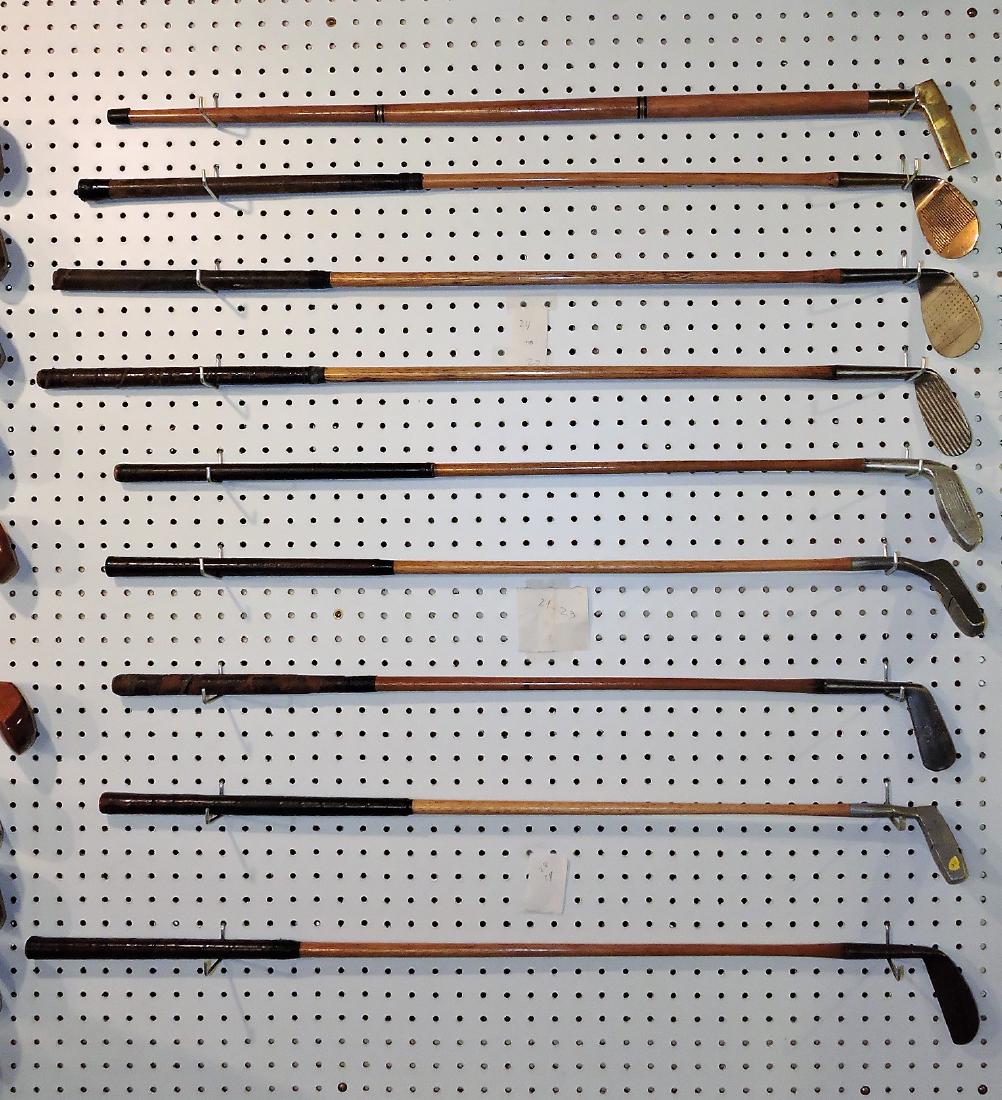 Wooden shaft golf club lot of 9 clubs;: Alex Baxter Warranted hand forged; Johnny Turrell Pederson mount; Rustless Waynie, Winner Niblick; S.W.C. Guaranteed hand forged, P.V. Beekett; MacGregor Accurate, Rakspin Mastie Niblick; Otey Crisman