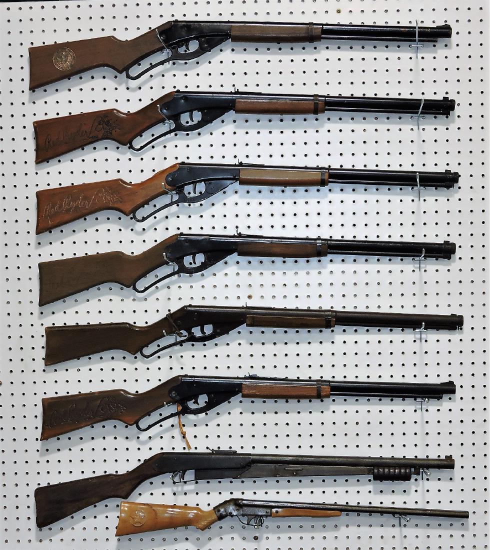 Daisy BB gun lot of 8; 6 carbines,: 1 Model 25, Daisy double barrel cork gun, various condition