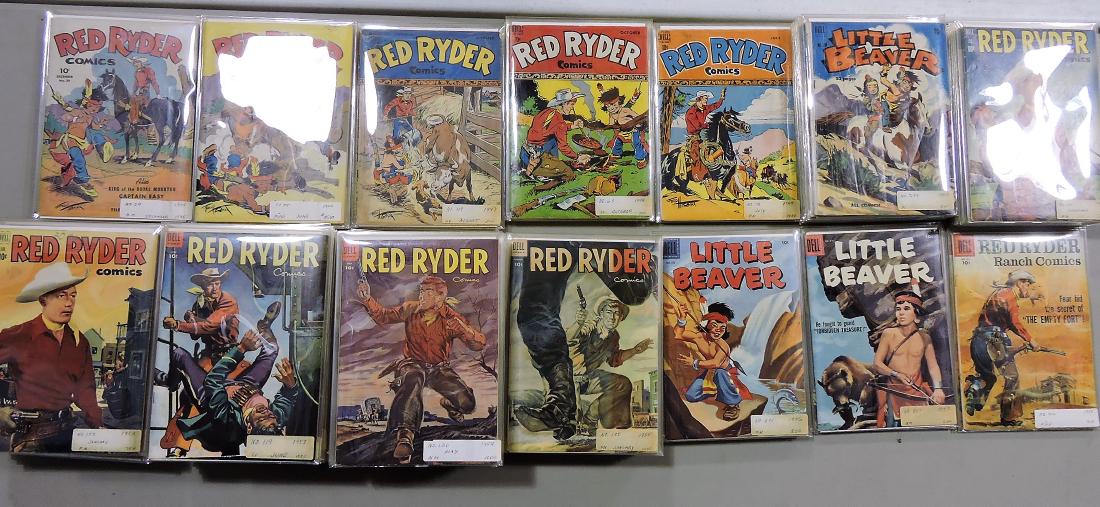 Red Ryder Dell comic book collection: with wire rack with sign; 4 - 1945, 7 - 1946, 5 - 1947, 5 - 1948, 3 - 1949, 9 - 1950, 12 - 1951, 21 - 1952, 26 - 1953, 31 - 1954, 18 - 1955, 6 - 1956, 3 - 1957, 2 - 1958, plus 9 other comics, lot of 1