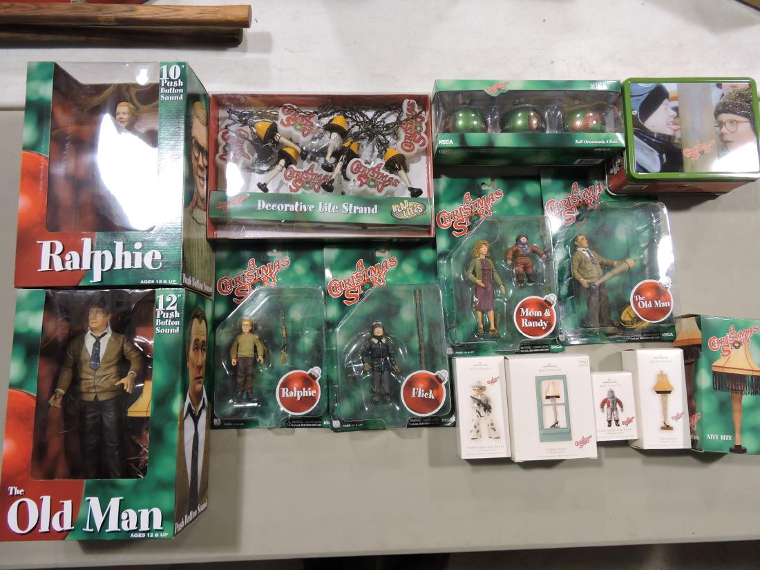 A Christmas Story lot of figurines,: 5 strands of lights with leg lamp, lunch box with thermos, and 4 Hallmark ornaments