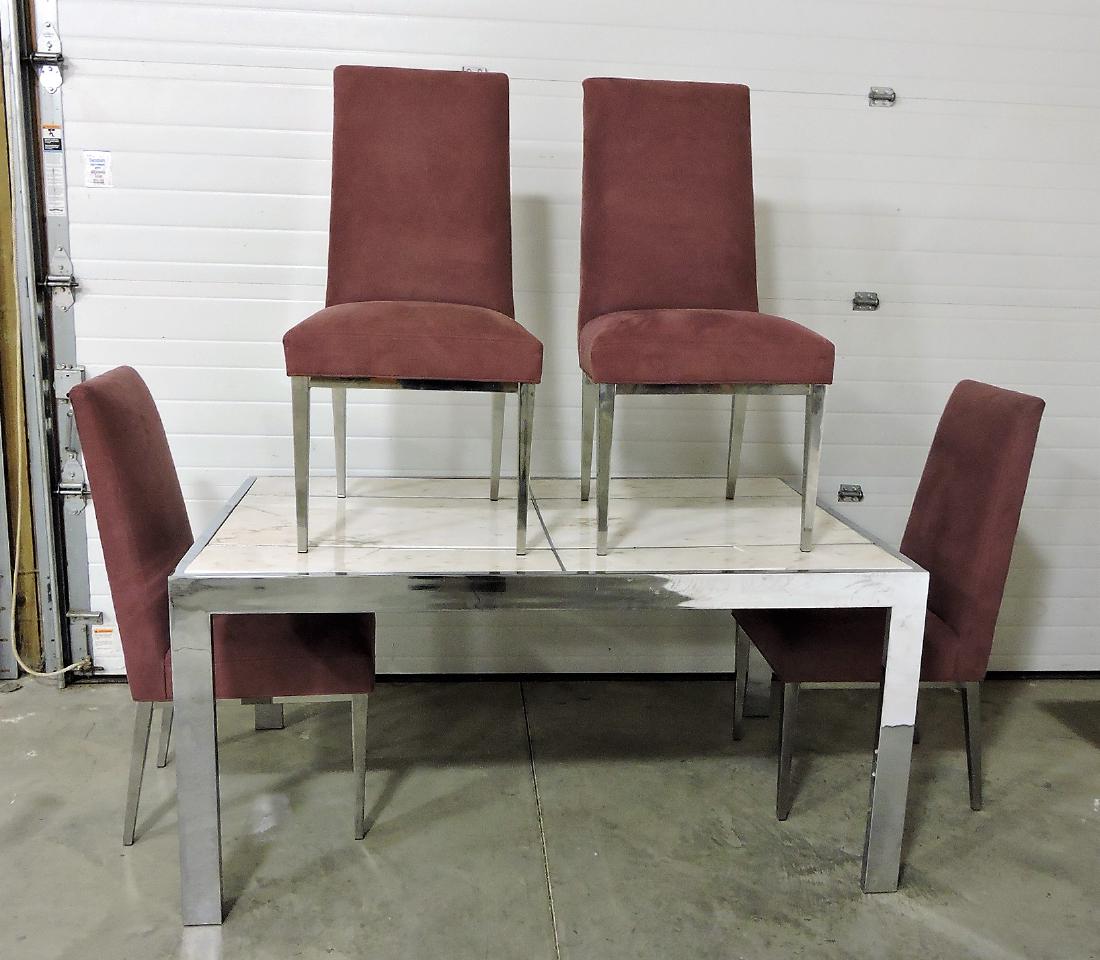 Mid Century Modern chrome base: dining table and 4 chrome leg chairs, marble inserts ontable, 2 inserts cracked