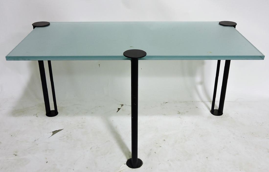 Glass top coffee table with black: metal legs, 40"x20"